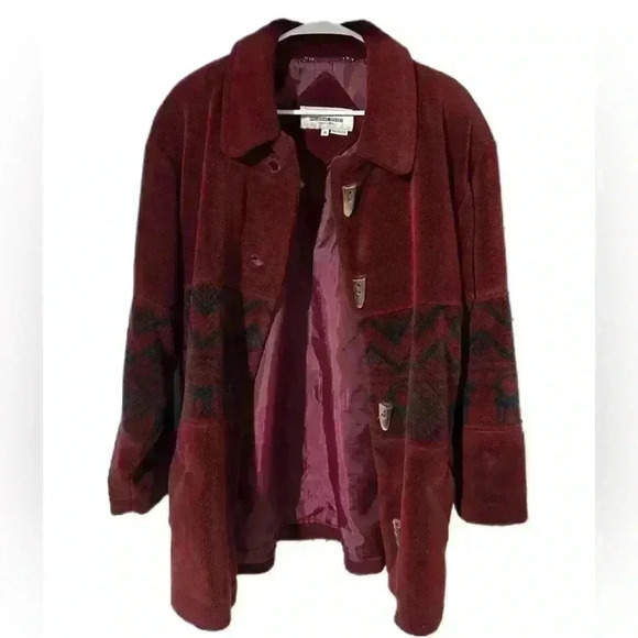 Mulberry Street Womens Jacket M Burgundy Fleece Shevron Print Heavy - Picture 1 of 12